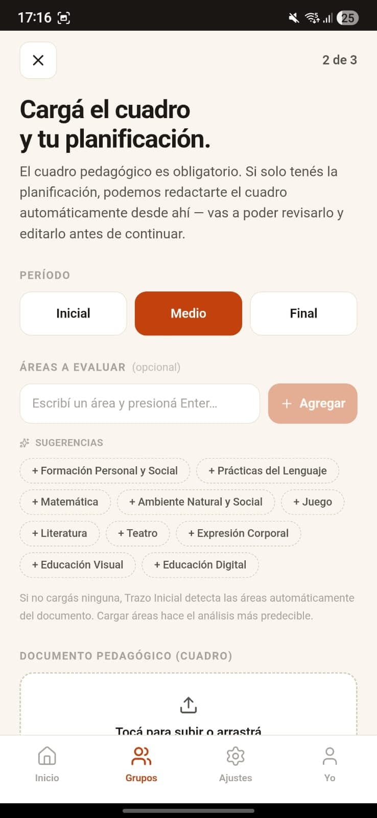 Pantalla para cargar el cuadro pedagógico y la planificación del período