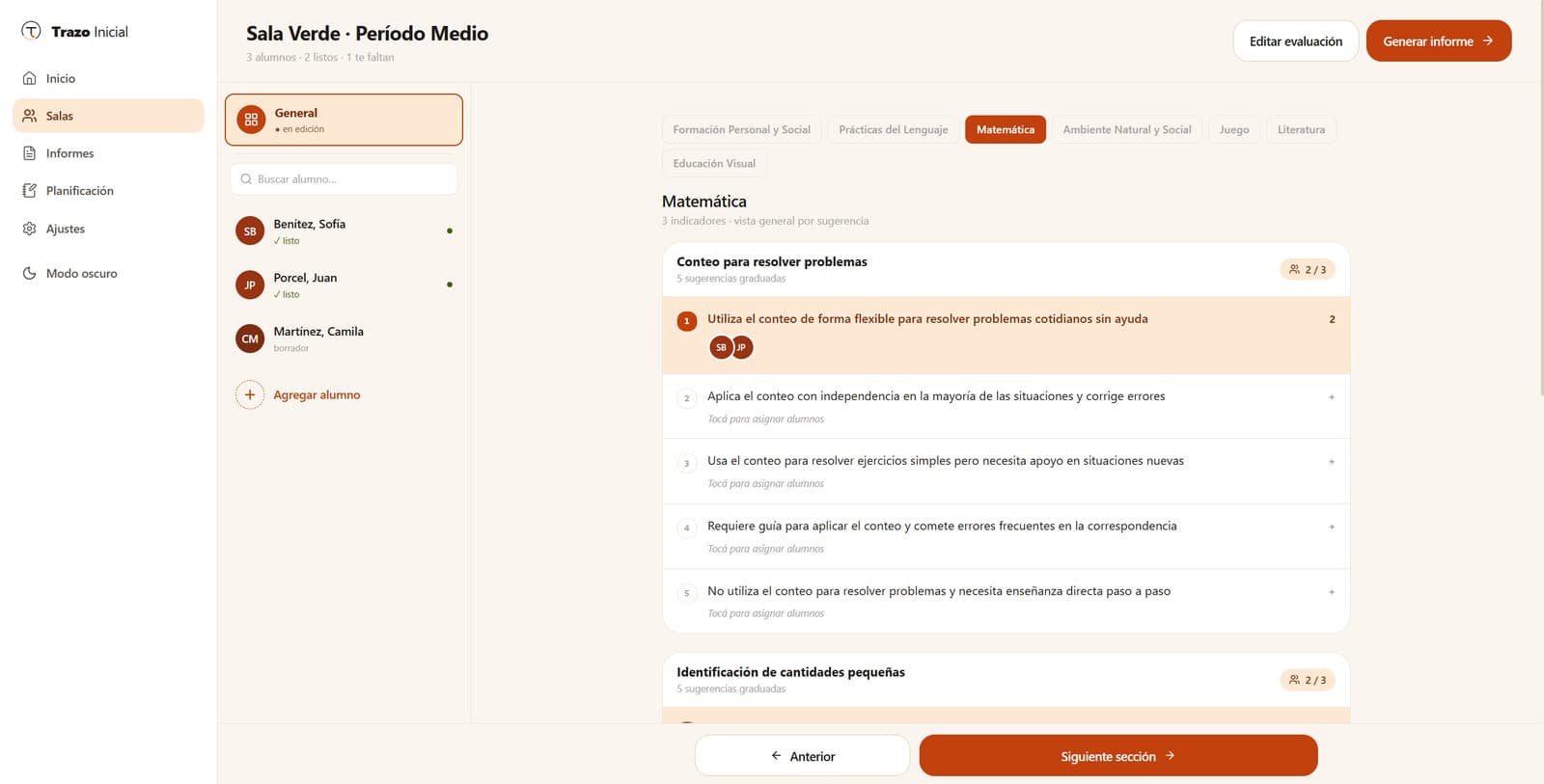 Formulario de un período abierto en la computadora, con las áreas del cuadro y las sugerencias graduadas por indicador