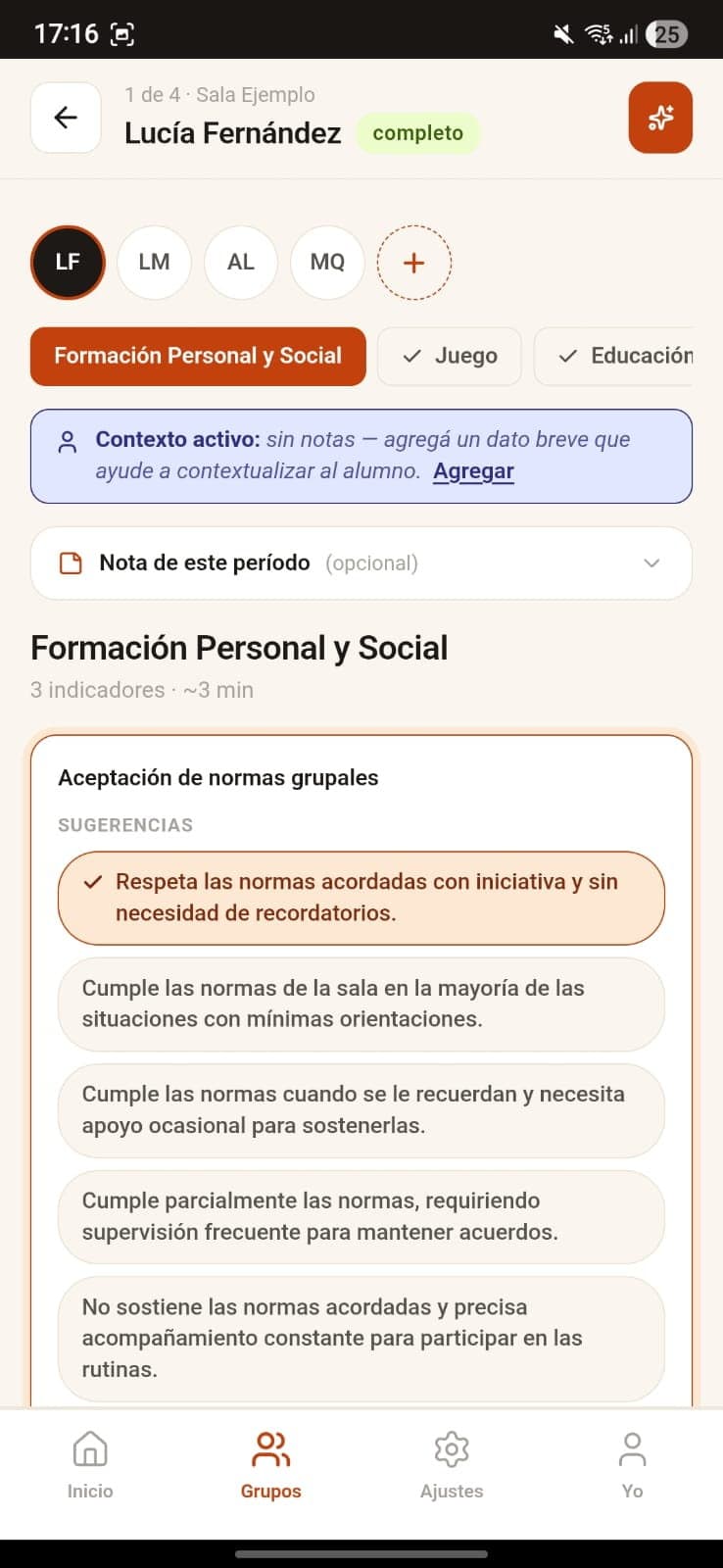 Formulario por alumno con las sugerencias graduadas de un indicador
