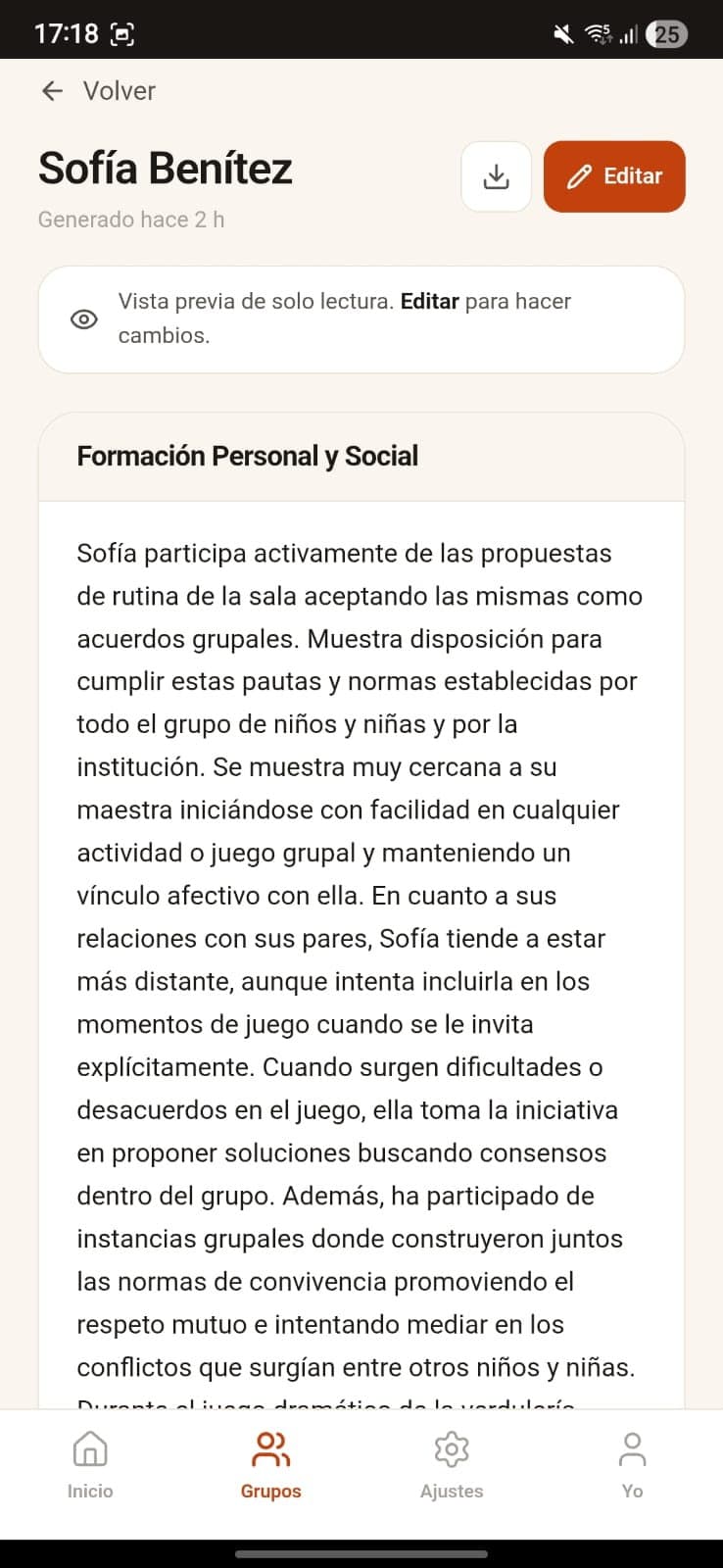 Informe redactado de una alumna, con el texto completo de un área